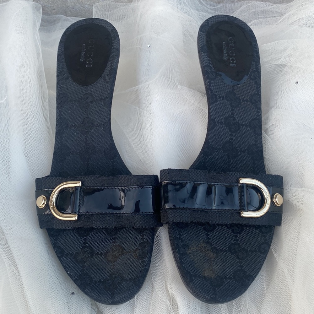 Black GUCCI Woman’s Vintage Monogrammed Canvas Horsebit Mule Heels